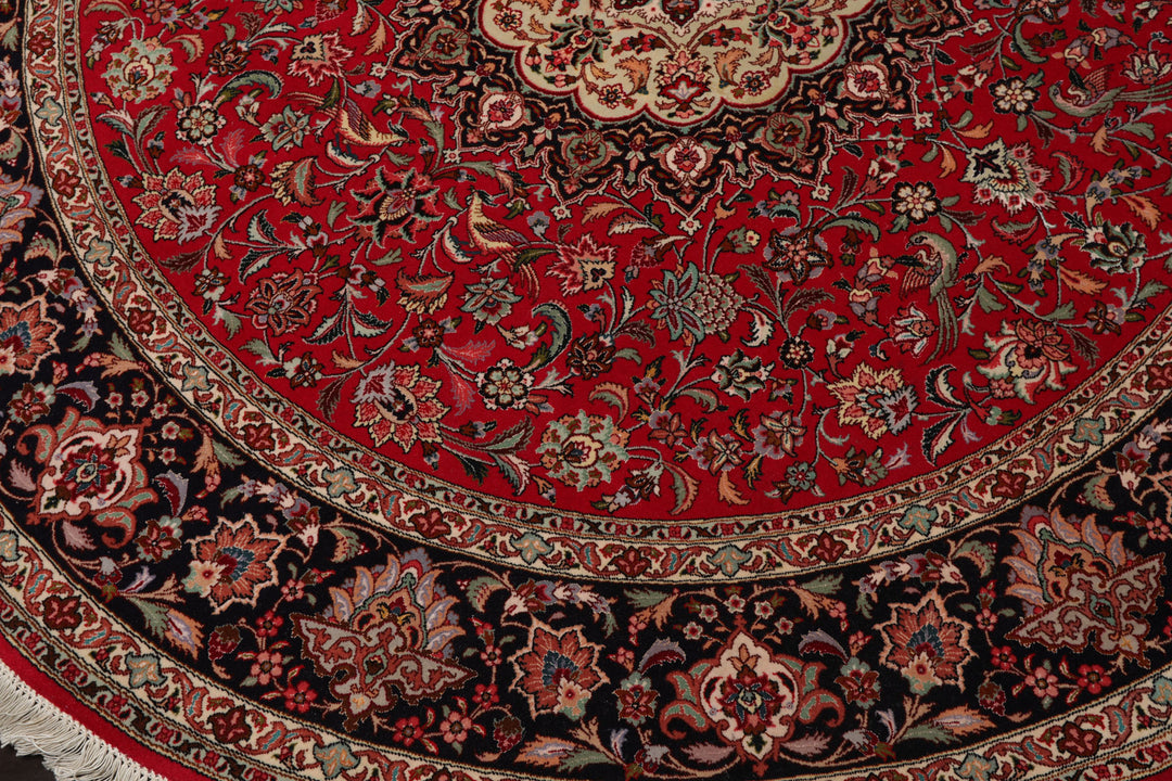 Round Red, Black, Ivory Color Hand Knotted Tabriz Round Wool & Silk Traditional Oriental Rug