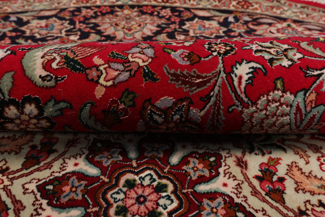 Round Red, Black, Ivory Color Hand Knotted Tabriz Round Wool & Silk Traditional Oriental Rug