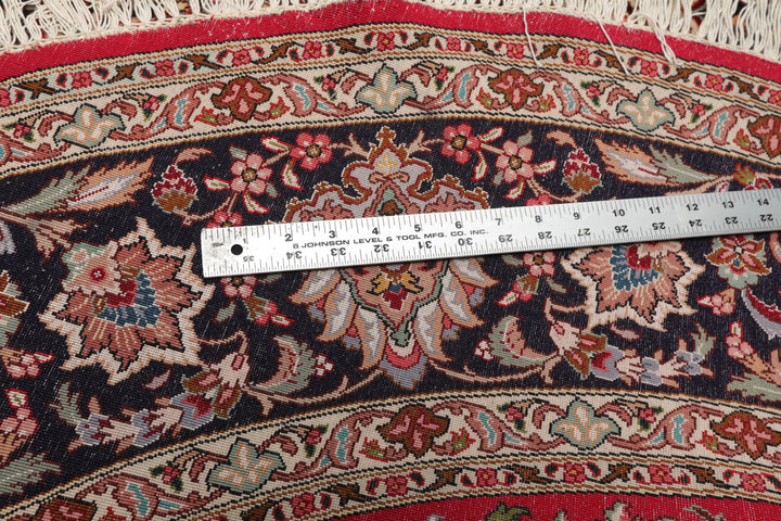 Round Red, Black, Ivory Color Hand Knotted Tabriz Round Wool & Silk Traditional Oriental Rug