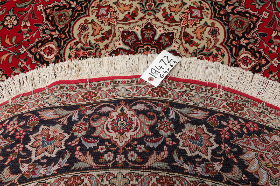 Round Red, Black, Ivory Color Hand Knotted Tabriz Round Wool & Silk Traditional Oriental Rug