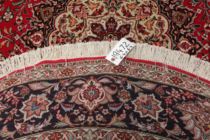 Round Red, Black, Ivory Color Hand Knotted Tabriz Round Wool & Silk Traditional Oriental Rug
