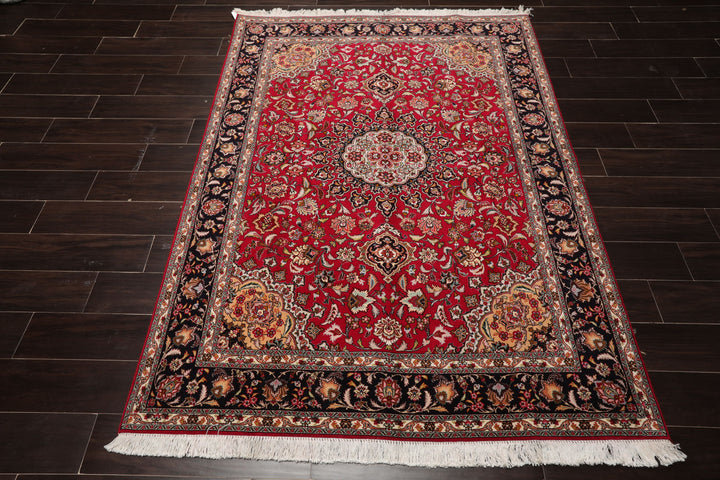 5x7 Red, Black, Ivory Color Hand Knotted Tabriz Wool & Silk Traditional Oriental Rug
