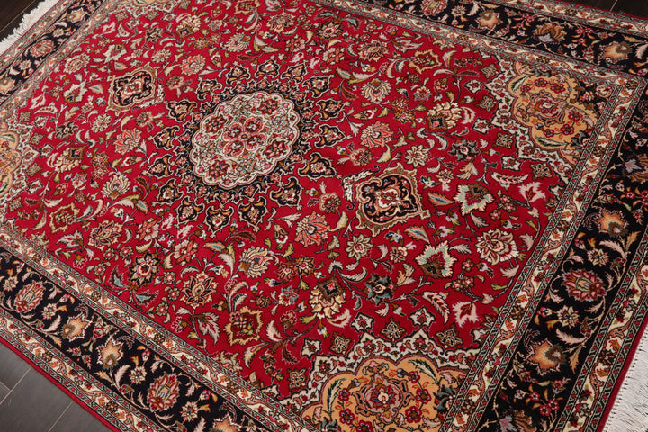 5x7 Red, Black, Ivory Color Hand Knotted Tabriz Wool & Silk Traditional Oriental Rug