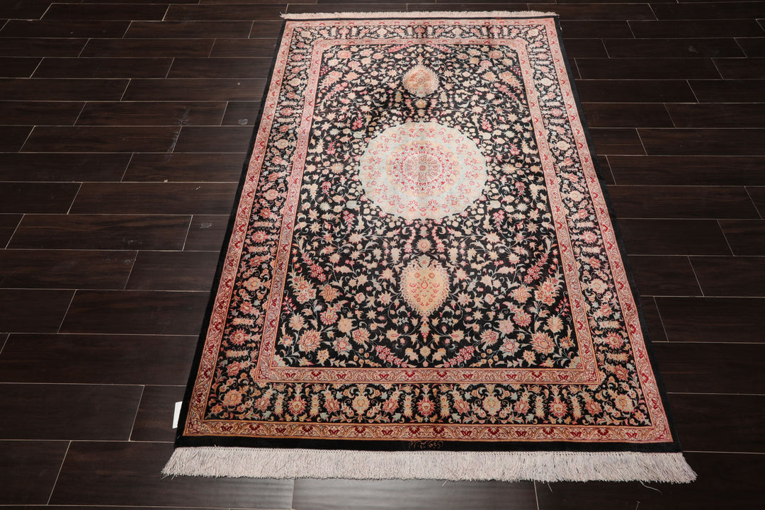 4x6 Charcoal, Peach, Aqua Color Hand Knotted Qum All Silk Silk Traditional Oriental Rug