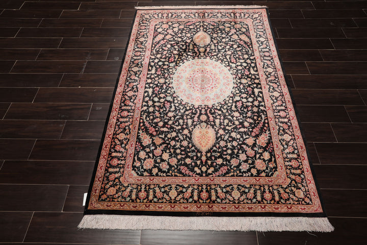 4x6 Charcoal, Peach, Aqua Color Hand Knotted Qum All Silk Silk Traditional Oriental Rug