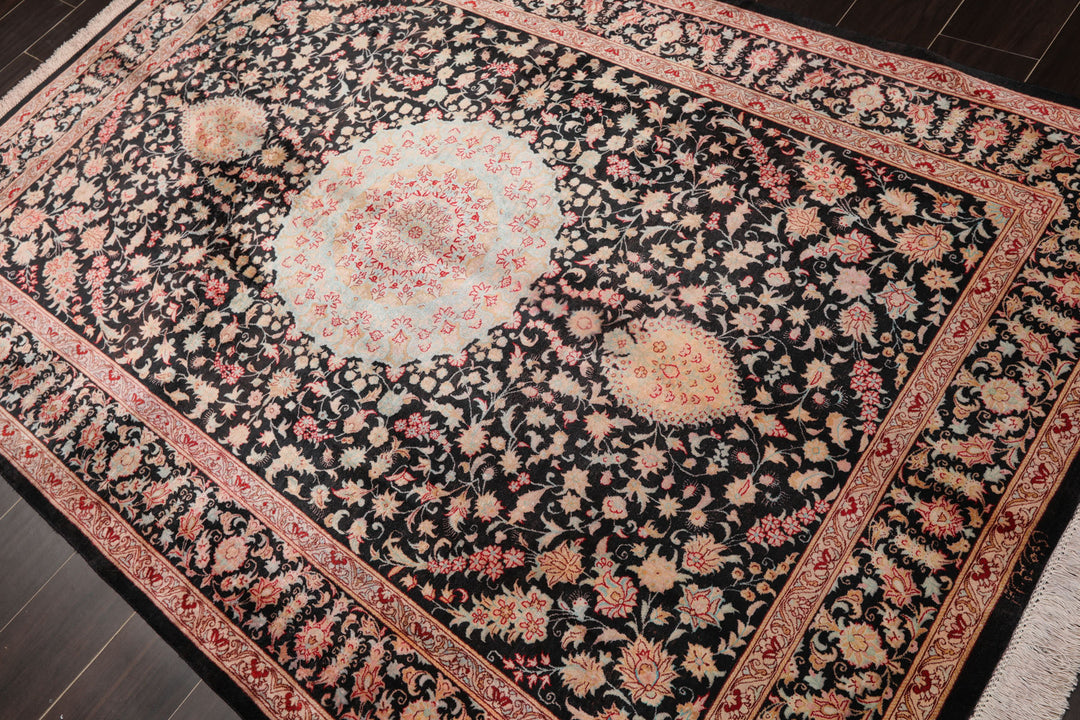 4x6 Charcoal, Peach, Aqua Color Hand Knotted Qum All Silk Silk Traditional Oriental Rug