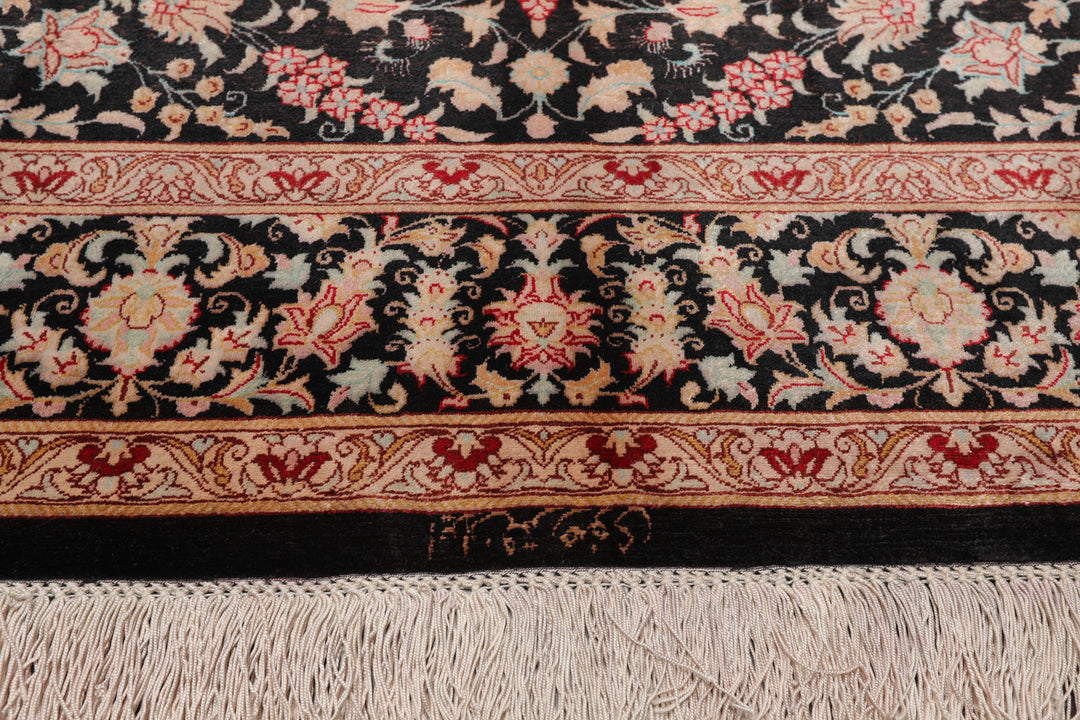 4x6 Charcoal, Peach, Aqua Color Hand Knotted Qum All Silk Silk Traditional Oriental Rug