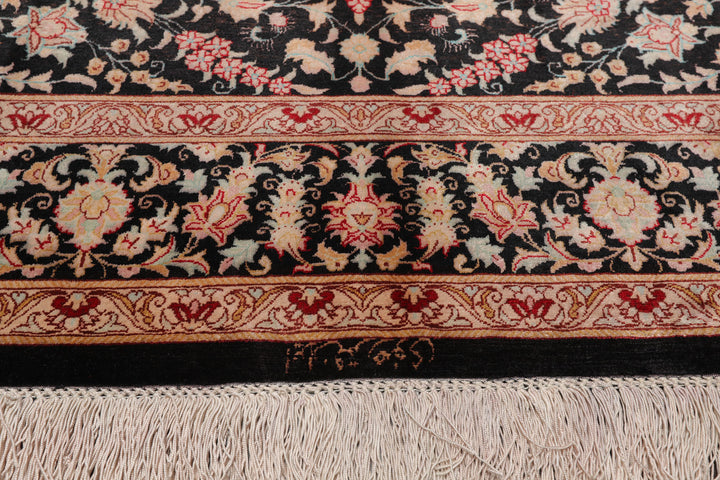 4x6 Charcoal, Peach, Aqua Color Hand Knotted Qum All Silk Silk Traditional Oriental Rug