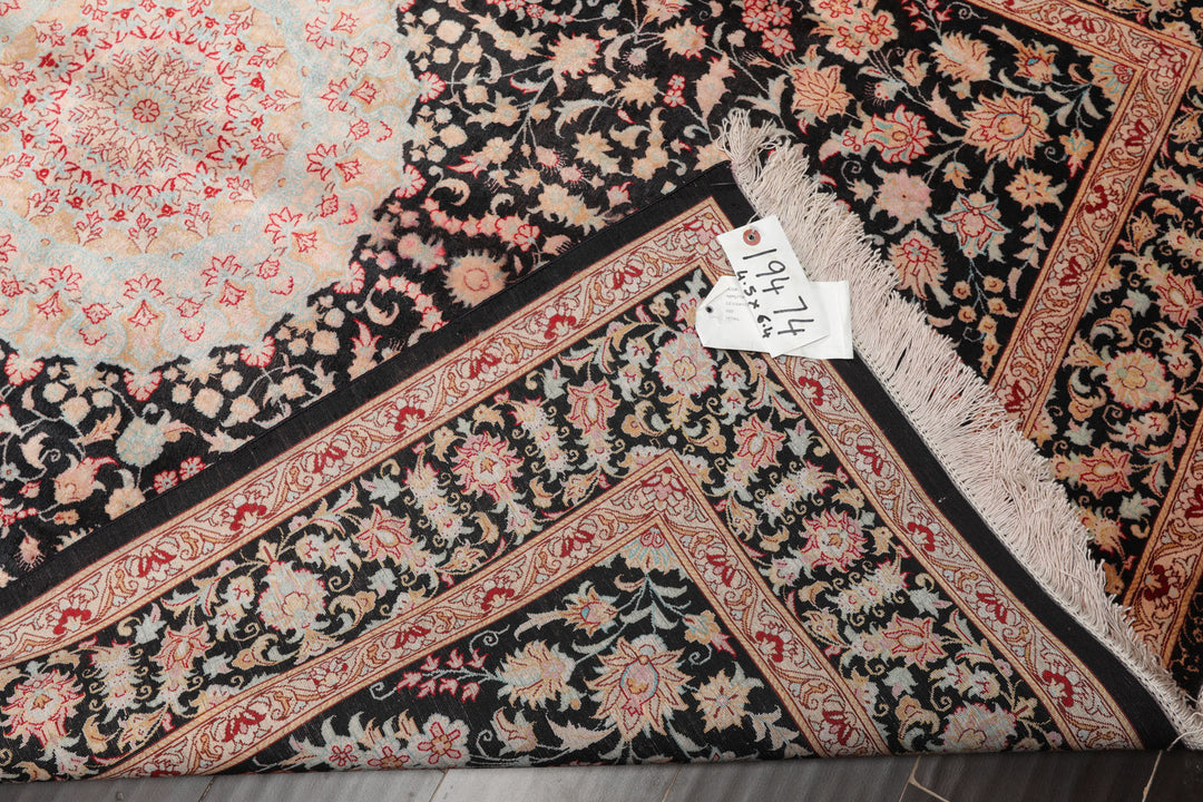 4x6 Charcoal, Peach, Aqua Color Hand Knotted Qum All Silk Silk Traditional Oriental Rug