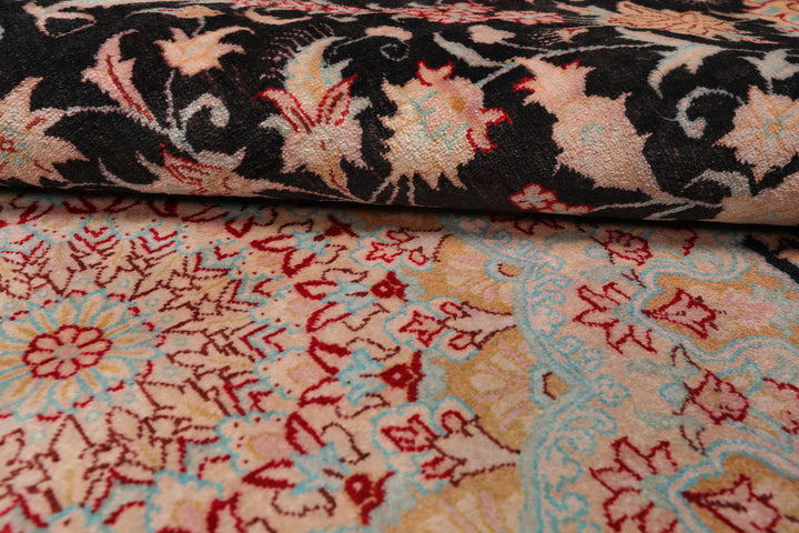 4x6 Charcoal, Peach, Aqua Color Hand Knotted Qum All Silk Silk Traditional Oriental Rug