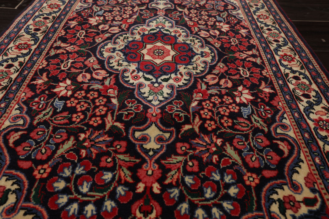 Runner Navy, Ivory, Red Color Hand Knotted Jozan Sarouk Wool Traditional Oriental Rug