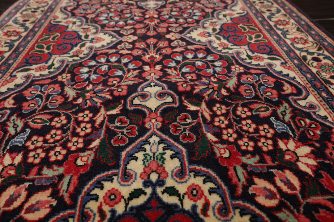 Runner Navy, Ivory, Red Color Hand Knotted Jozan Sarouk Wool Traditional Oriental Rug