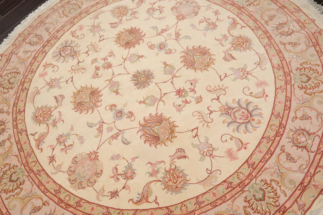 Round Ivory, Rose, Beige Color Hand Knotted Tabriz Round Wool & Silk Traditional Oriental Rug