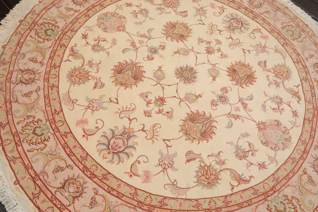 Round Ivory, Rose, Beige Color Hand Knotted Tabriz Round Wool & Silk Traditional Oriental Rug