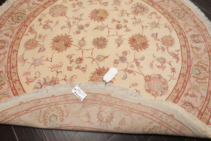 Round Ivory, Rose, Beige Color Hand Knotted Tabriz Round Wool & Silk Traditional Oriental Rug