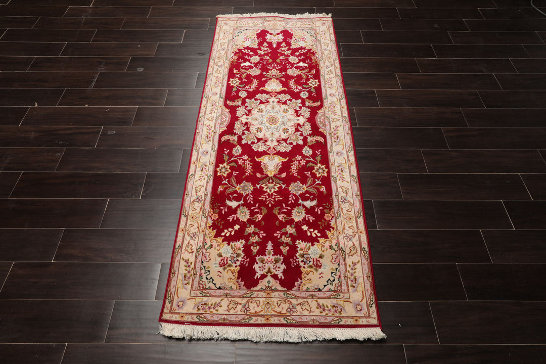 Runner Red, Ivory, Rose Color Hand Knotted Tabriz Wool & Silk Traditional Oriental Rug