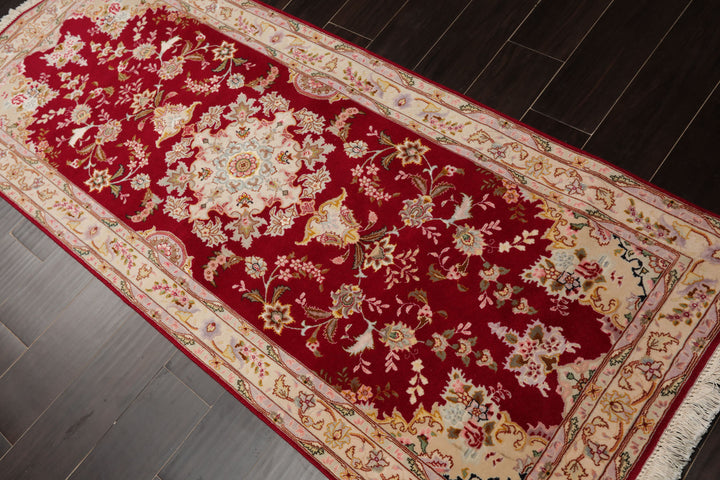 Runner Red, Ivory, Rose Color Hand Knotted Tabriz Wool & Silk Traditional Oriental Rug