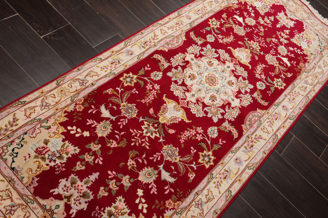 Runner Red, Ivory, Rose Color Hand Knotted Tabriz Wool & Silk Traditional Oriental Rug