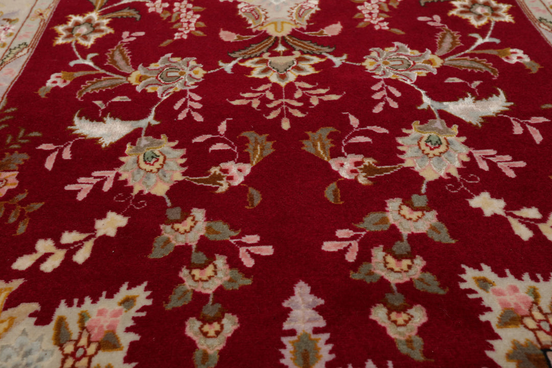 Runner Red, Ivory, Rose Color Hand Knotted Tabriz Wool & Silk Traditional Oriental Rug