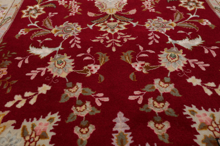 Runner Red, Ivory, Rose Color Hand Knotted Tabriz Wool & Silk Traditional Oriental Rug