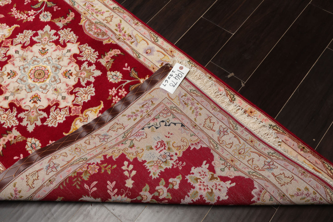 Runner Red, Ivory, Rose Color Hand Knotted Tabriz Wool & Silk Traditional Oriental Rug
