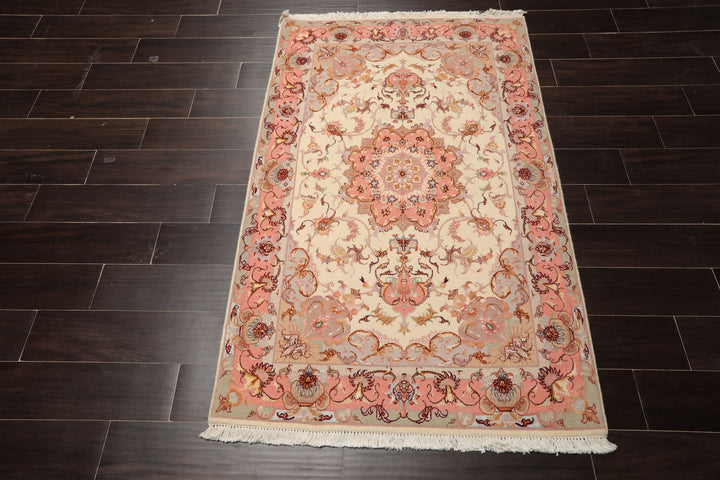 3x5 Ivory, Rose, Taupe Color Hand Knotted Tabriz Wool & Silk Traditional Oriental Rug