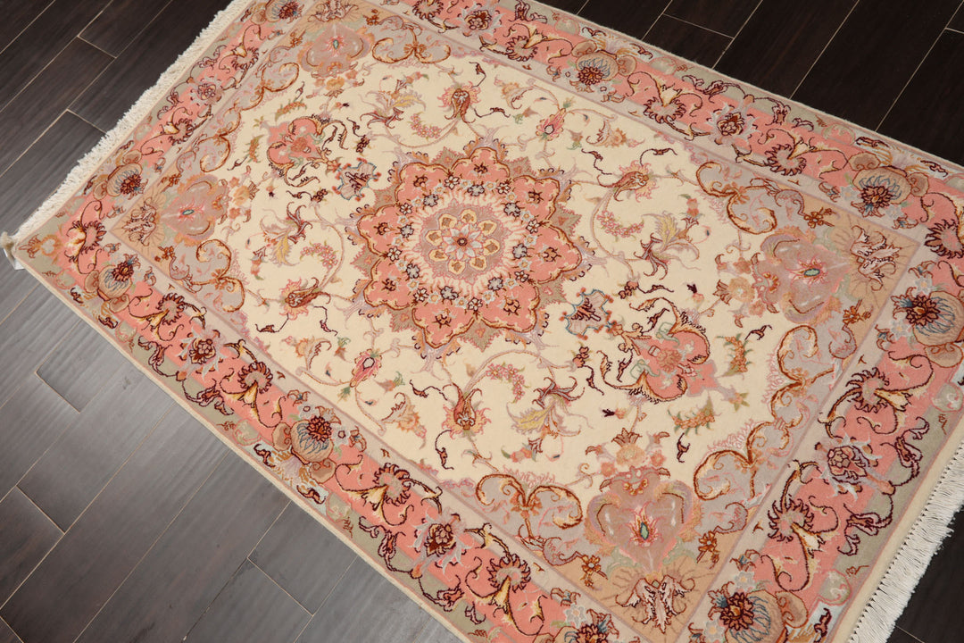 3x5 Ivory, Rose, Taupe Color Hand Knotted Tabriz Wool & Silk Traditional Oriental Rug