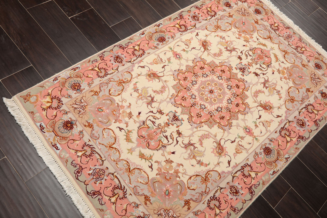 3x5 Ivory, Rose, Taupe Color Hand Knotted Tabriz Wool & Silk Traditional Oriental Rug