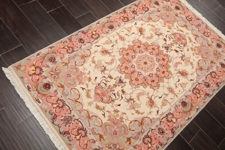 3x5 Ivory, Rose, Taupe Color Hand Knotted Tabriz Wool & Silk Traditional Oriental Rug