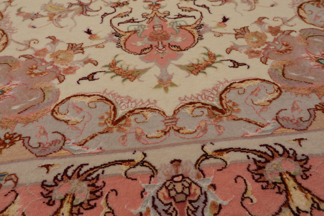 3x5 Ivory, Rose, Taupe Color Hand Knotted Tabriz Wool & Silk Traditional Oriental Rug