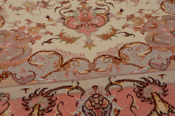 3x5 Ivory, Rose, Taupe Color Hand Knotted Tabriz Wool & Silk Traditional Oriental Rug