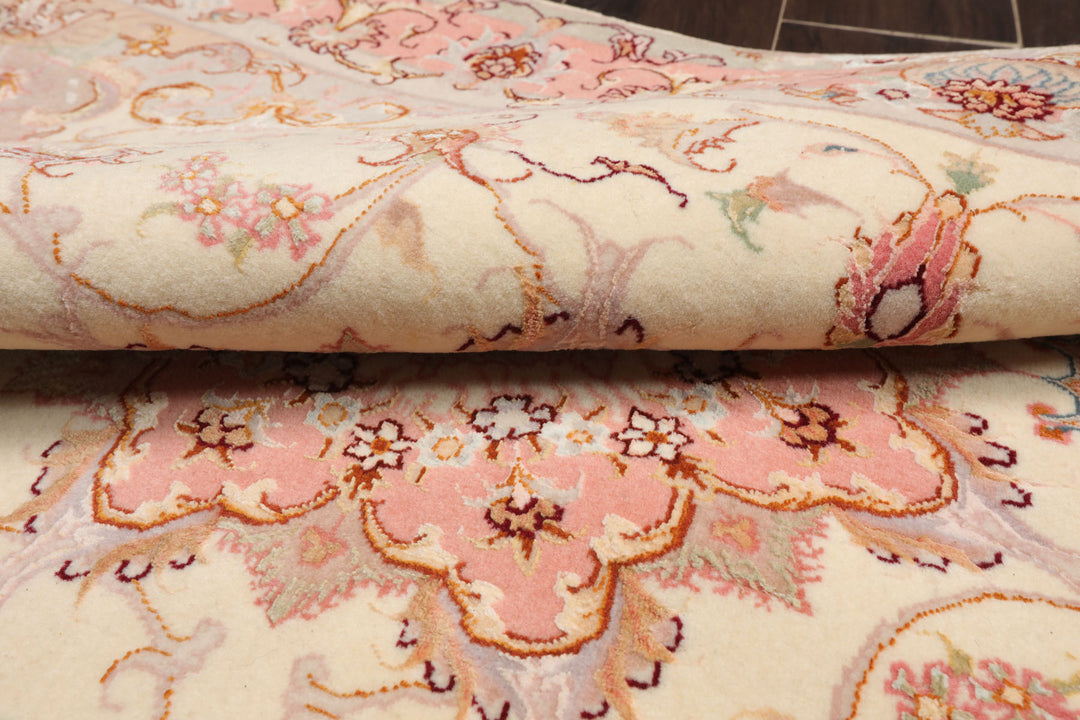 3x5 Ivory, Rose, Taupe Color Hand Knotted Tabriz Wool & Silk Traditional Oriental Rug