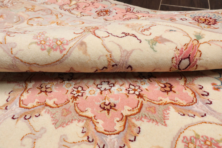 3x5 Ivory, Rose, Taupe Color Hand Knotted Tabriz Wool & Silk Traditional Oriental Rug