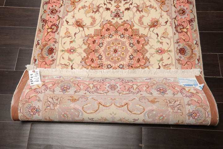 3x5 Ivory, Rose, Taupe Color Hand Knotted Tabriz Wool & Silk Traditional Oriental Rug