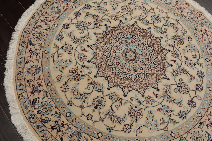 Round Ivory, Tan, Rose Color Hand Knotted Nain Round Wool & Silk Traditional Oriental Rug