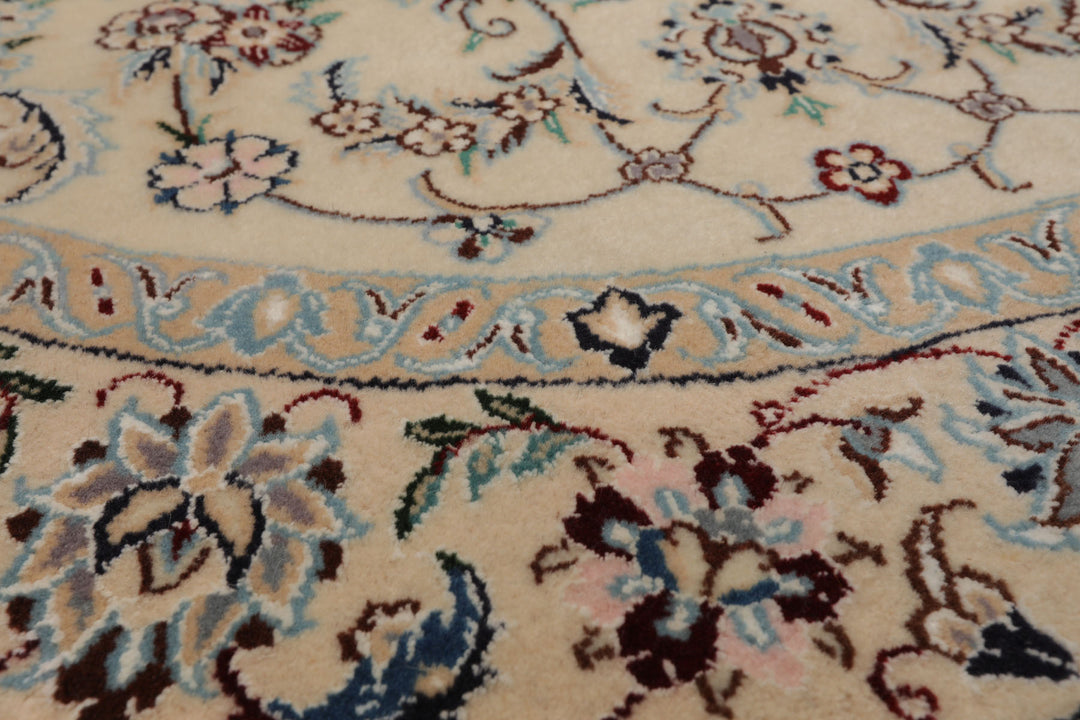 Round Ivory, Tan, Rose Color Hand Knotted Nain Round Wool & Silk Traditional Oriental Rug