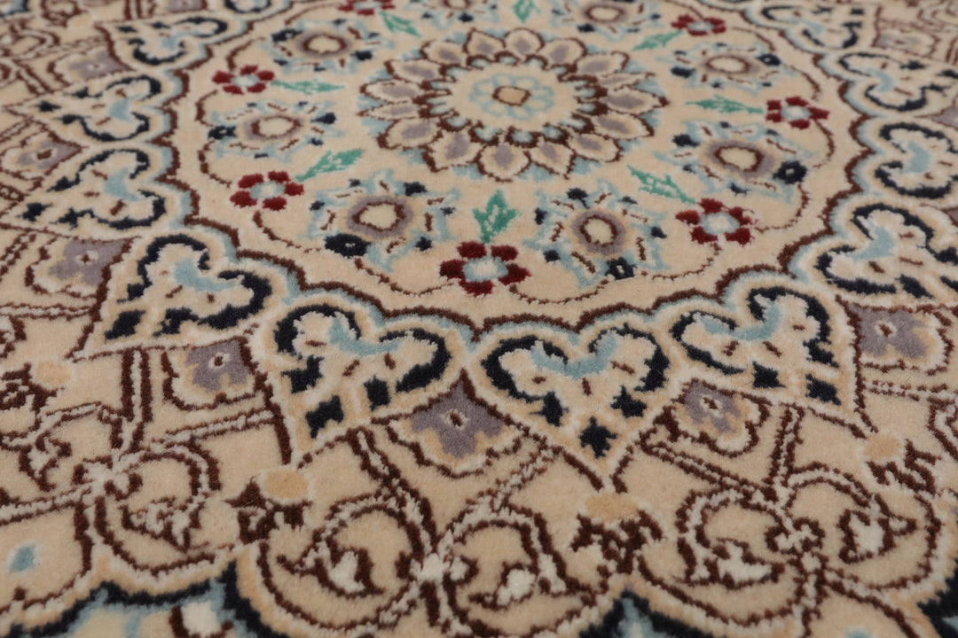 Round Ivory, Tan, Rose Color Hand Knotted Nain Round Wool & Silk Traditional Oriental Rug