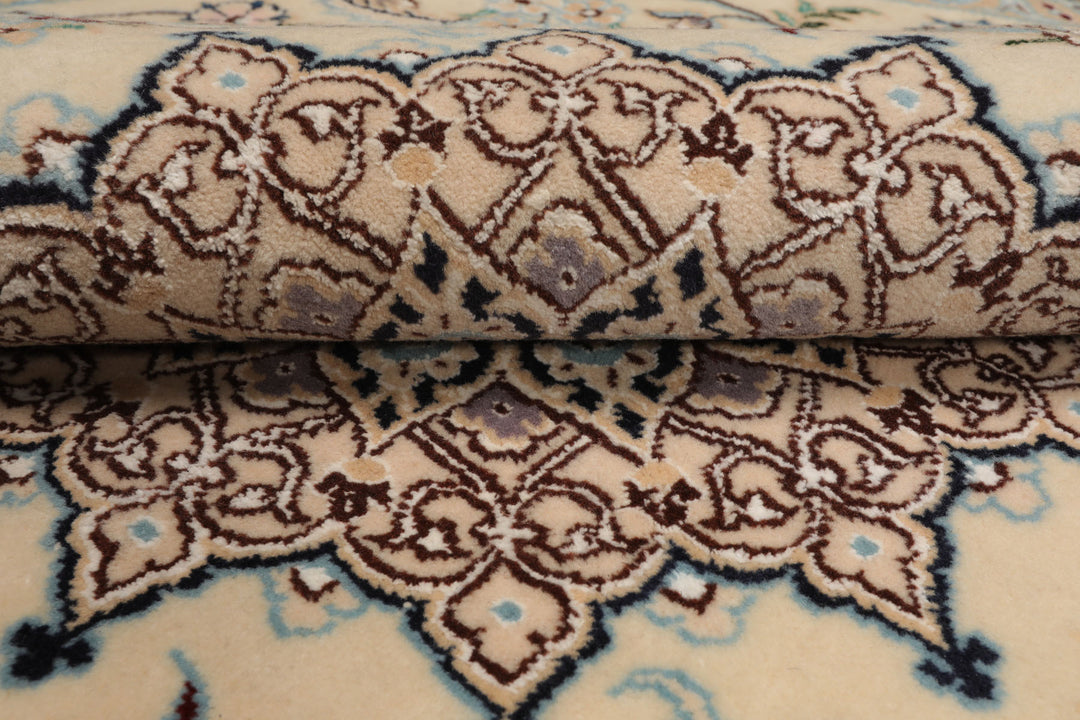 Round Ivory, Tan, Rose Color Hand Knotted Nain Round Wool & Silk Traditional Oriental Rug