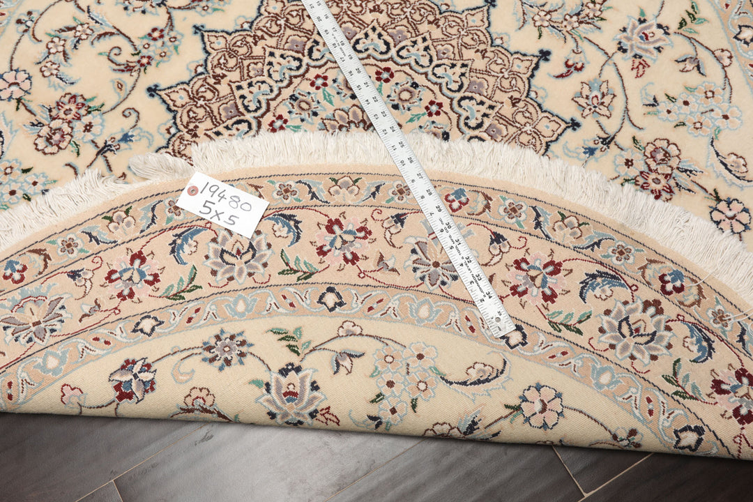 Round Ivory, Tan, Rose Color Hand Knotted Nain Round Wool & Silk Traditional Oriental Rug