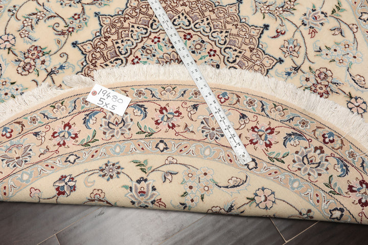 Round Ivory, Tan, Rose Color Hand Knotted Nain Round Wool & Silk Traditional Oriental Rug