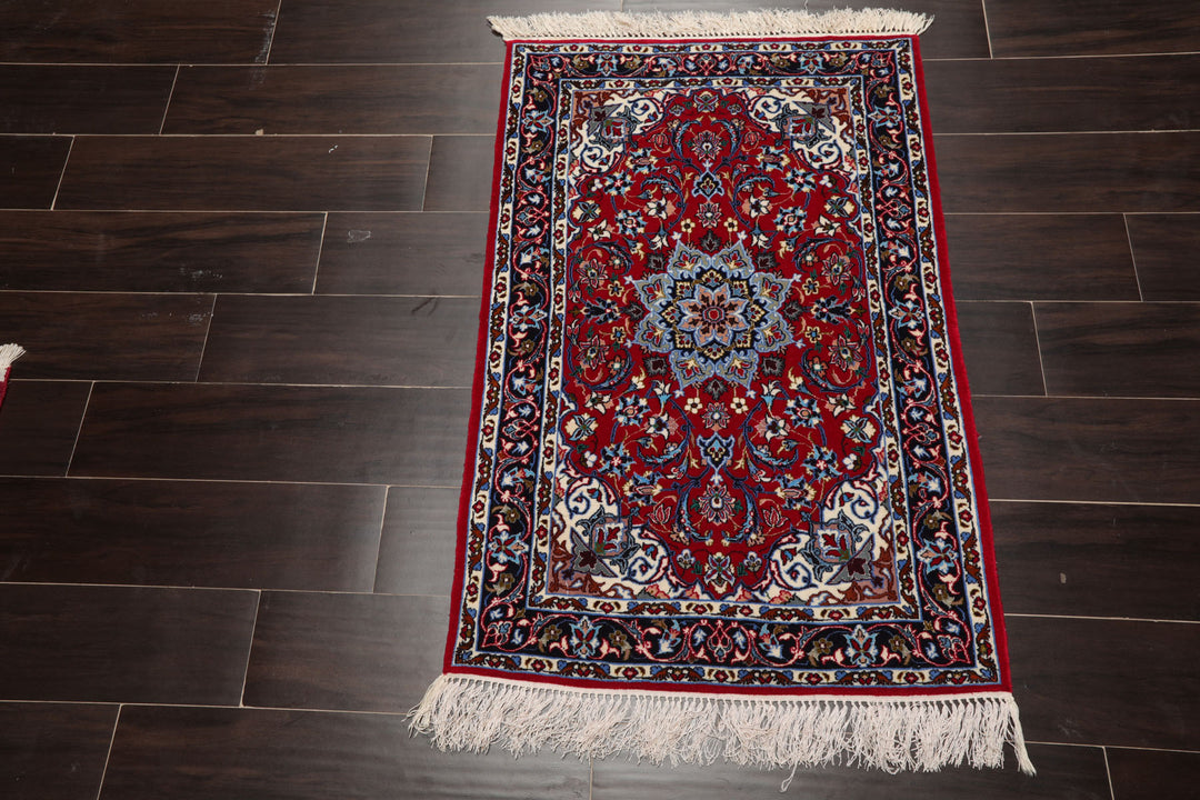 2x3 Red, Navy, Ivory Color Hand Knotted Isfahan Wool & Silk Traditional Oriental Rug