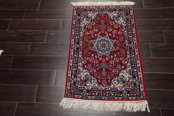 2x3 Red, Navy, Ivory Color Hand Knotted Isfahan Wool & Silk Traditional Oriental Rug