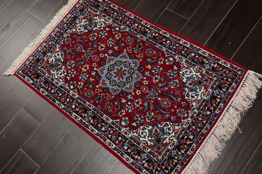 2x3 Red, Navy, Ivory Color Hand Knotted Isfahan Wool & Silk Traditional Oriental Rug