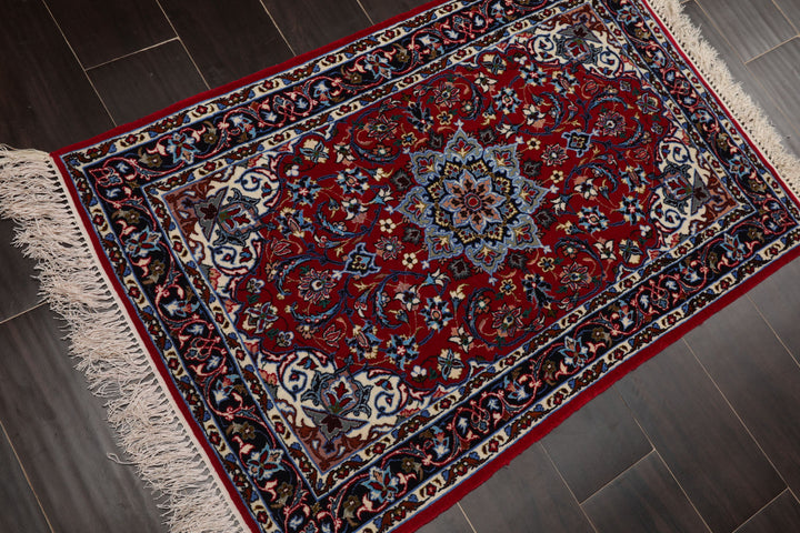 2x3 Red, Navy, Ivory Color Hand Knotted Isfahan Wool & Silk Traditional Oriental Rug