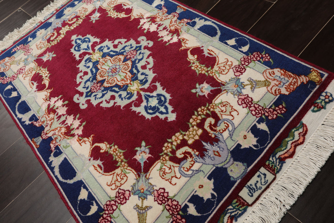 2x3 Mauve, Navy, Ivory Color Hand Knotted Tabriz Wool & Silk Traditional Oriental Rug
