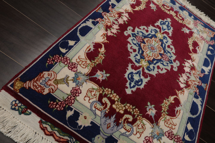 2x3 Mauve, Navy, Ivory Color Hand Knotted Tabriz Wool & Silk Traditional Oriental Rug