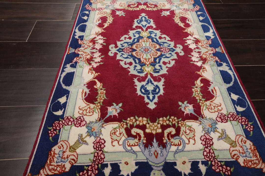 2x3 Mauve, Navy, Ivory Color Hand Knotted Tabriz Wool & Silk Traditional Oriental Rug
