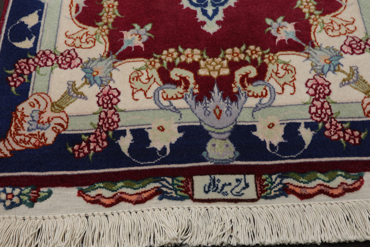 2x3 Mauve, Navy, Ivory Color Hand Knotted Tabriz Wool & Silk Traditional Oriental Rug