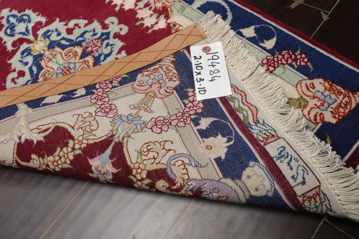 2x3 Mauve, Navy, Ivory Color Hand Knotted Tabriz Wool & Silk Traditional Oriental Rug