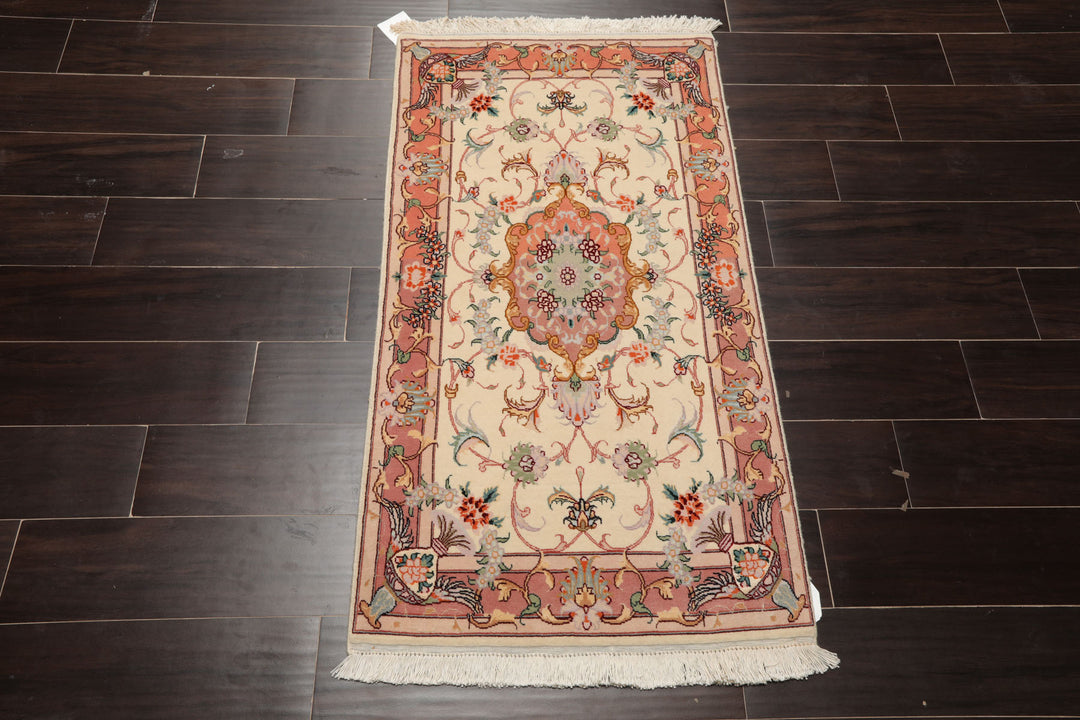 2x4 Ivory, Peach, Gold Color Hand Knotted Tabriz Wool & Silk Traditional Oriental Rug